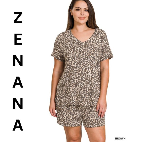 Zenana Outfitters Pants - Zenana Plus Leopard V-Neck Top & Drawstring Shorts